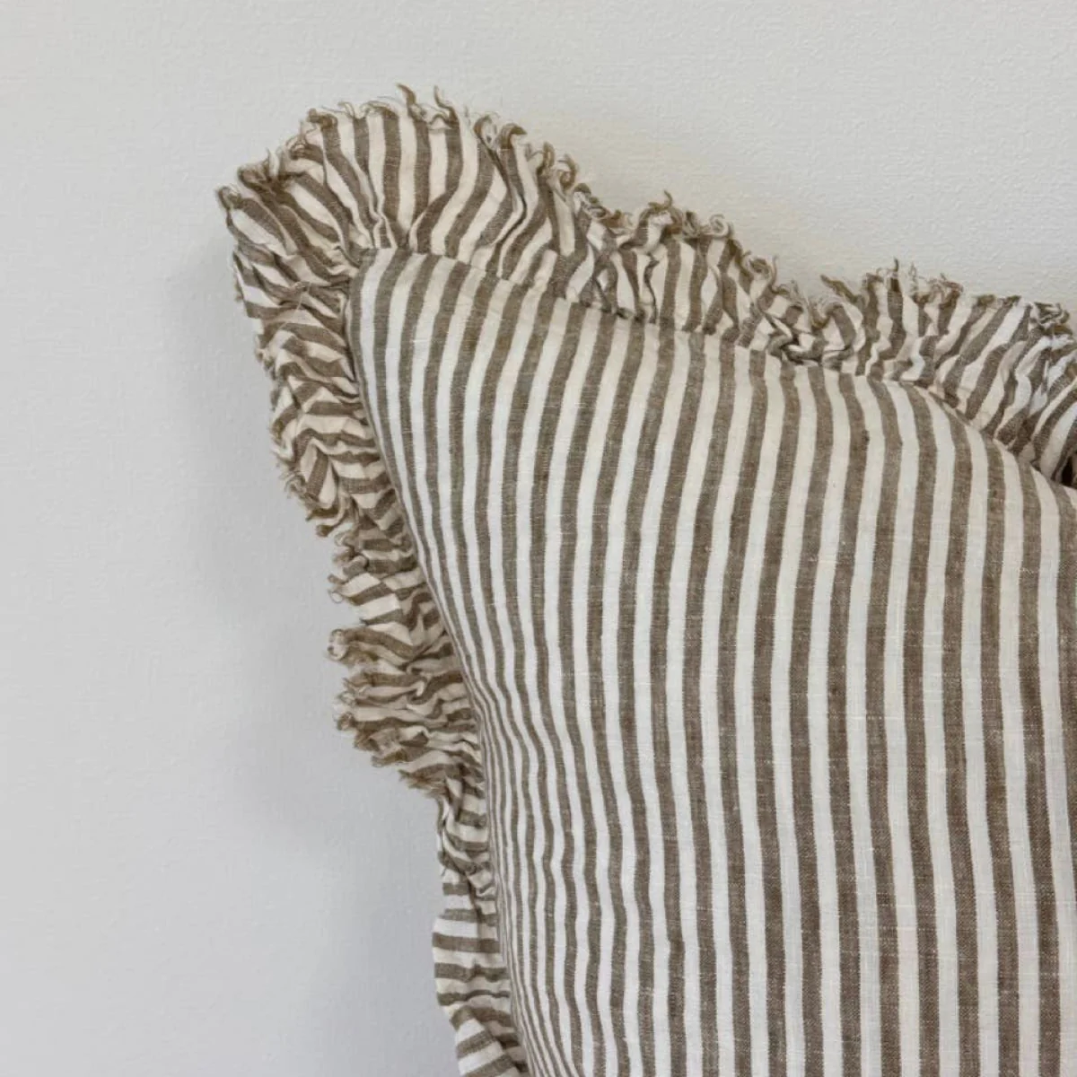 Hallie Ruffled Linen Cushion  – Olive Stripe: 53 x 53 cm - Image 2
