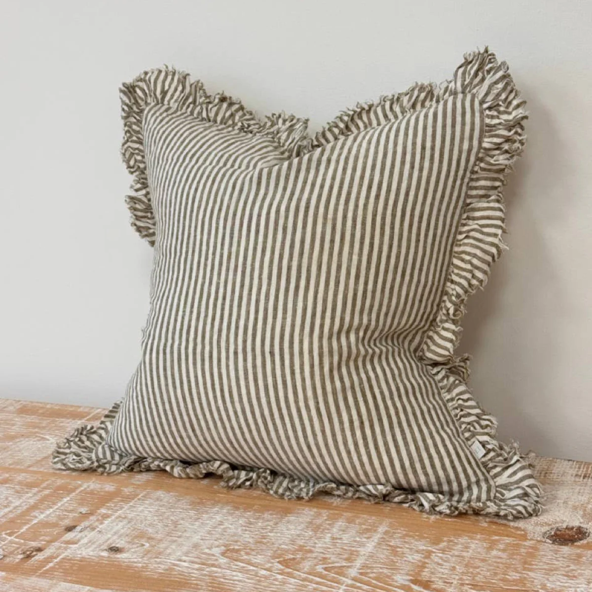 Hallie Ruffled Linen Cushion  – Olive Stripe: 53 x 53 cm - Image 3