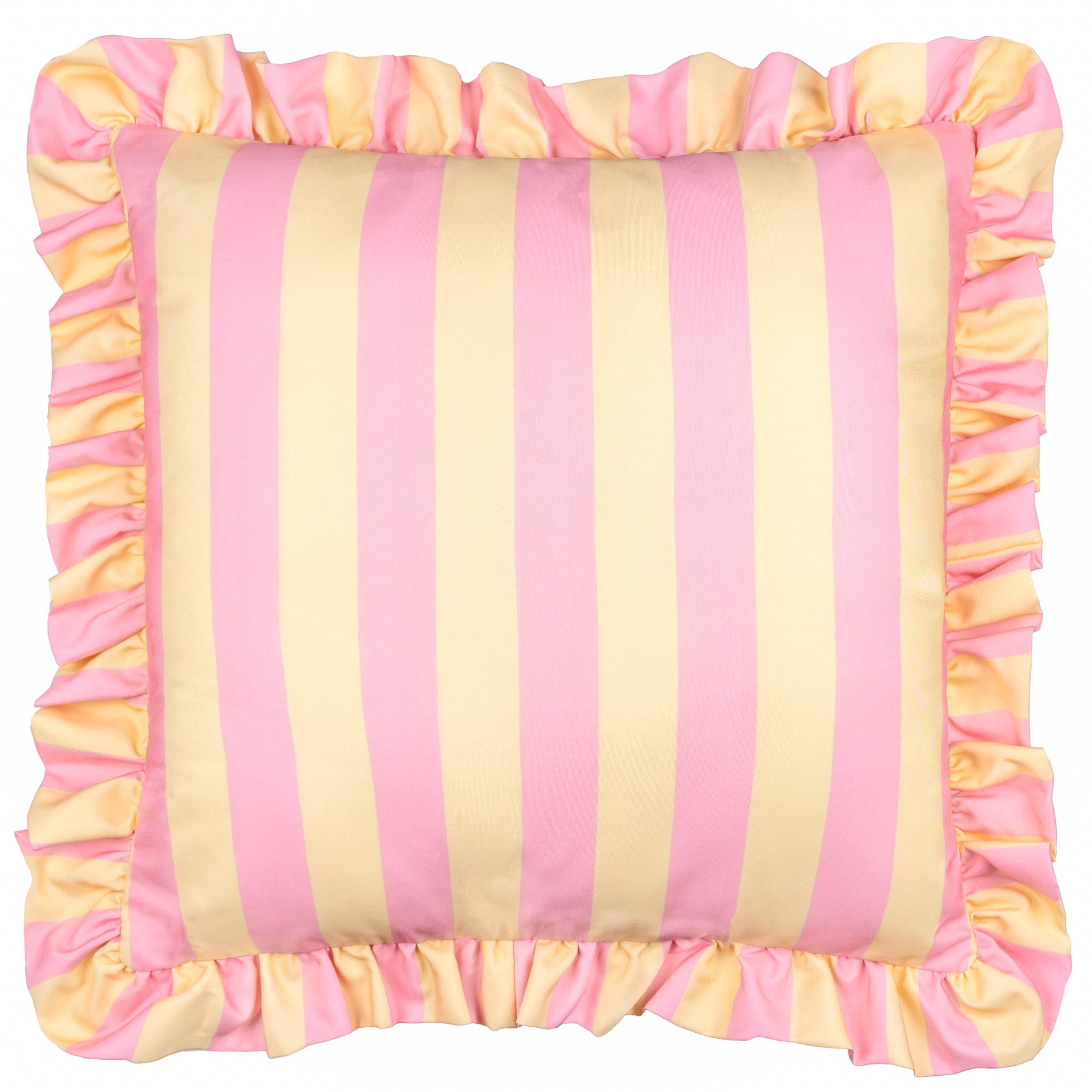 Palm Royale Stripe Ruffle Outdoor Cushion: Pink/Yellow / Polyester Filled / 50 x 50cm